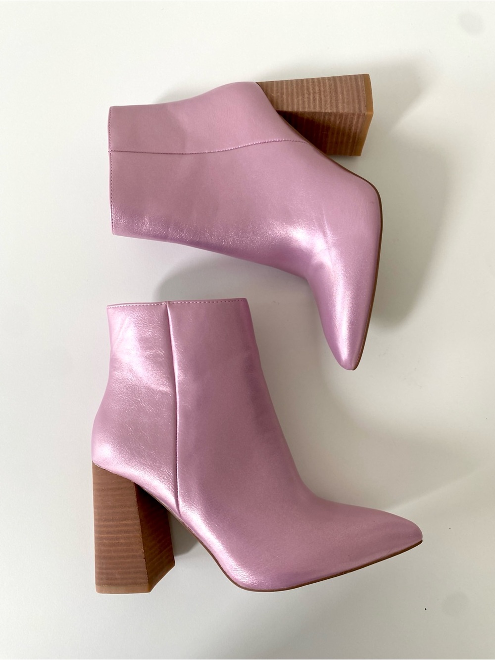Metallic Dolly Pink Pointed Toe Block Heel Ankle Boots SZ 6